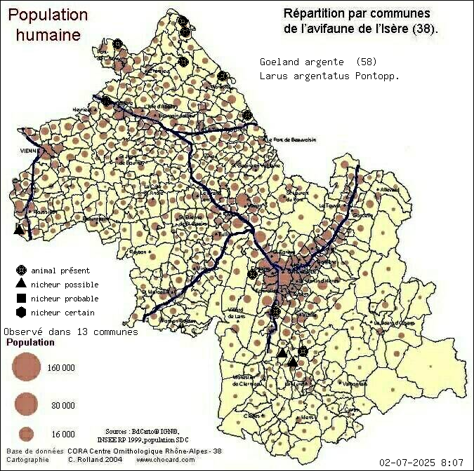 Carte de rpartition par communes en Isre d'une espce d'animal: Goland argent (Larus argentatus Pontopp.) selon Population humaine