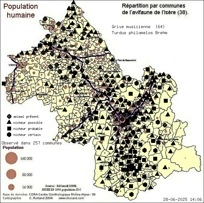 Grive musicienne (Turdus philomelos Brehm): carte de rpartition en Isre