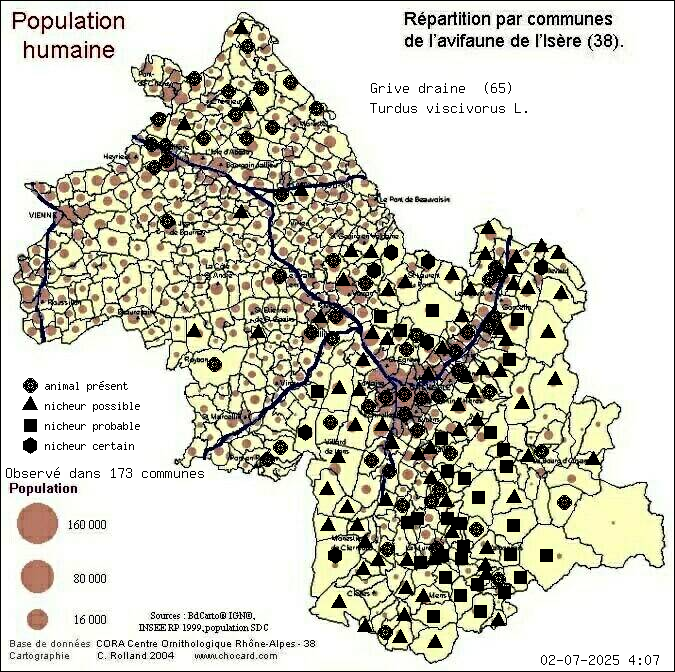 Grive draine (Turdus viscivorus L.): carte de rpartition en Isre