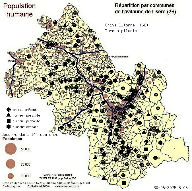 Grive litorne (Turdus pilaris L.): carte de rpartition en Isre