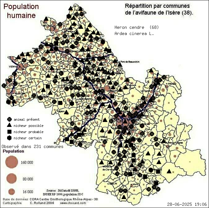 Hron cendr (Ardea cinerea L.): carte de rpartition en Isre