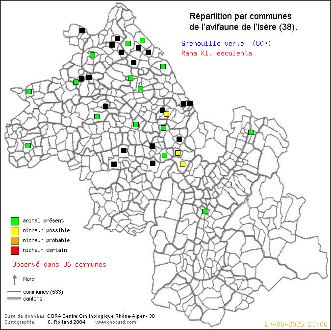 Carte de rpartition par communes en Isre d'une espce d'animal: Grenouille verte (Rana Kl. esculenta) selon Communes et cantons