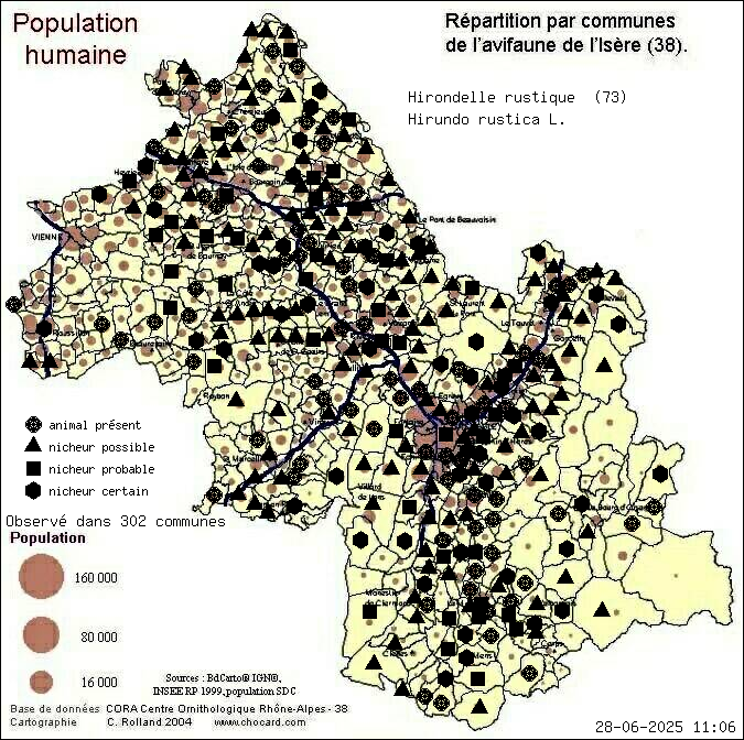 Hirondelle rustique (Hirundo rustica L.): carte de rpartition en Isre