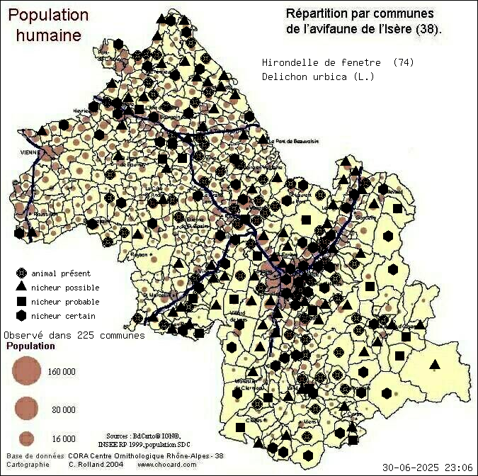 Hirondelle de fentre (Delichon urbica (L.)): carte de rpartition en Isre