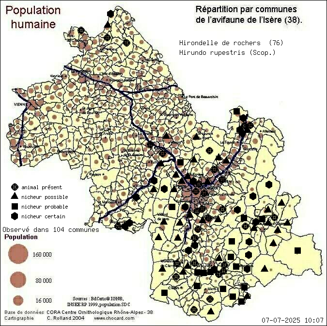 Hirondelle de rochers (Hirundo rupestris (Scop.)): carte de rpartition en Isre