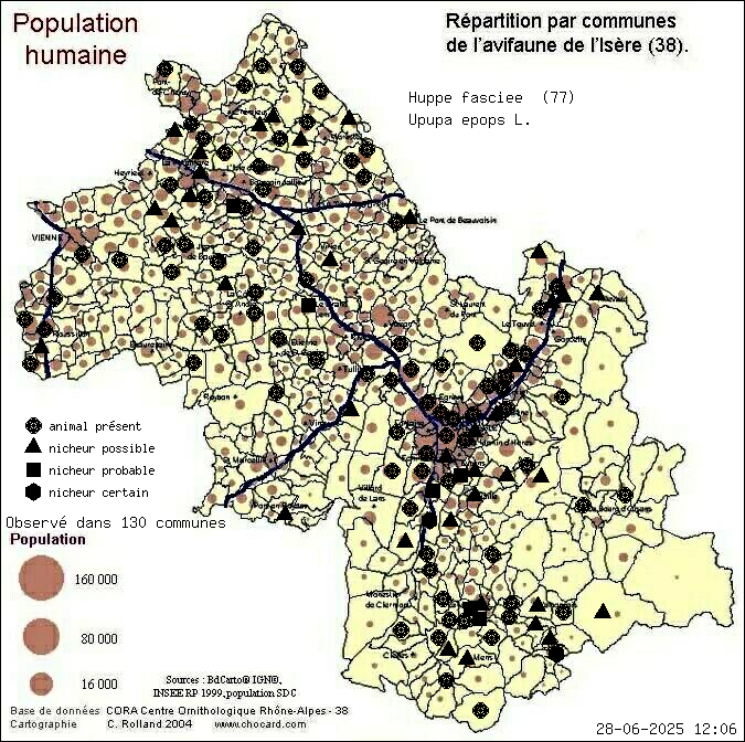 Huppe fascie (Upupa epops L.): carte de rpartition en Isre