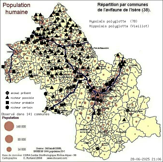 Hypolas polyglotte (Hippolais polyglotta (Vieillot)): carte de rpartition en Isre