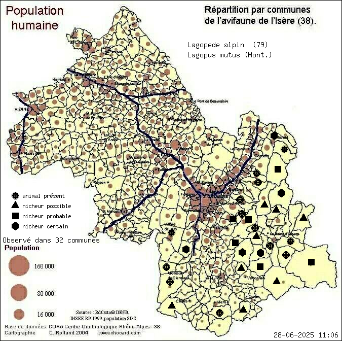 Lagopde alpin (Lagopus mutus (Mont.)): carte de rpartition en Isre