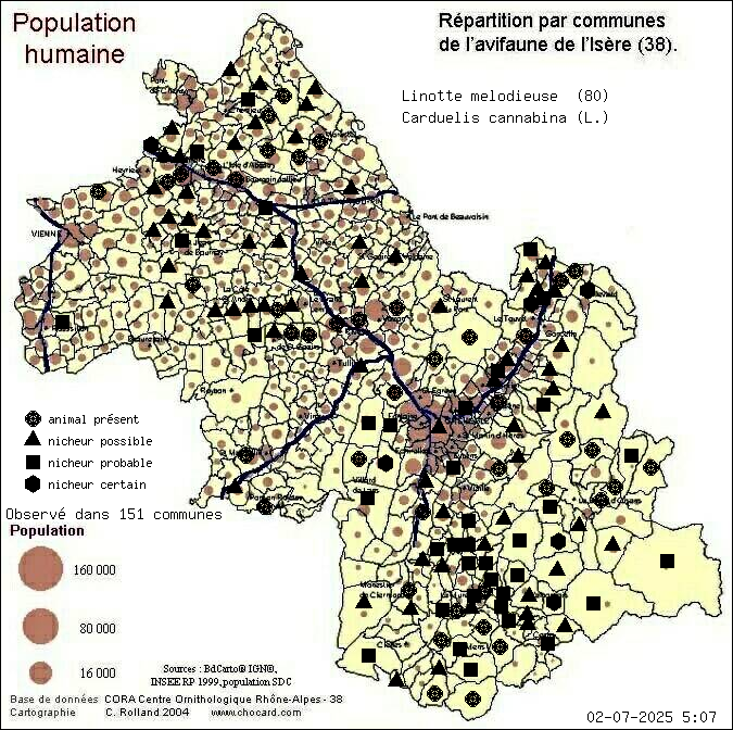 Linotte mlodieuse (Carduelis cannabina (L.)): carte de rpartition en Isre