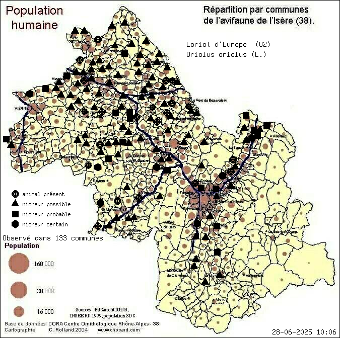 Loriot d Europe (Oriolus oriolus (L.)): carte de rpartition en Isre