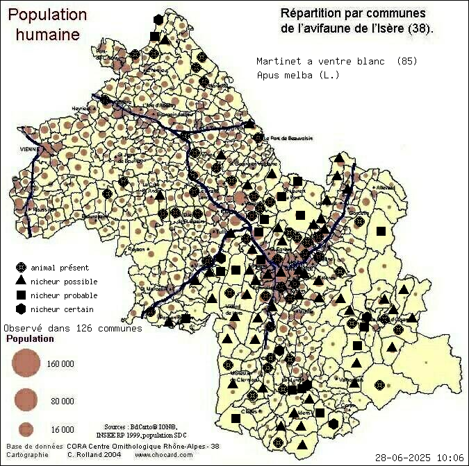 Martinet  ventre blanc (Apus melba (L.)): carte de rpartition en Isre