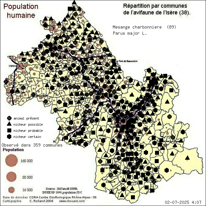 Msange charbonnire (Parus major L.): carte de rpartition en Isre