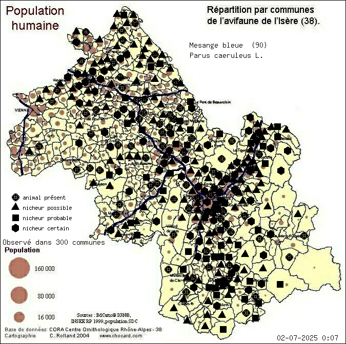 Msange bleue (Parus caeruleus L.): carte de rpartition en Isre