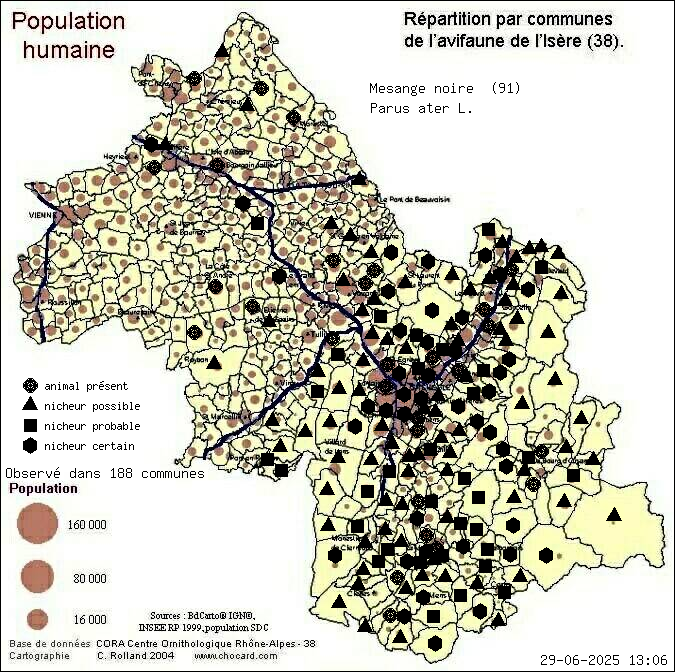 Msange noire (Parus ater L.): carte de rpartition en Isre