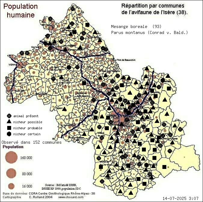 Msange borale (Parus montanus (Conrad v. Bald.)): carte de rpartition en Isre