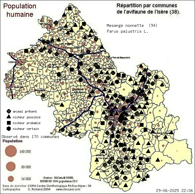 Msange nonnette (Parus palustris L.): carte de rpartition en Isre