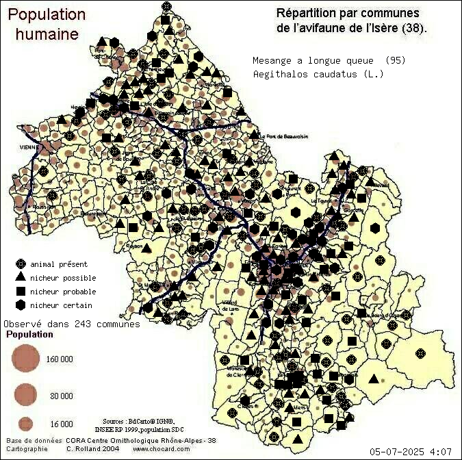 Msange  longue queue (Aegithalos caudatus (L.)): carte de rpartition en Isre