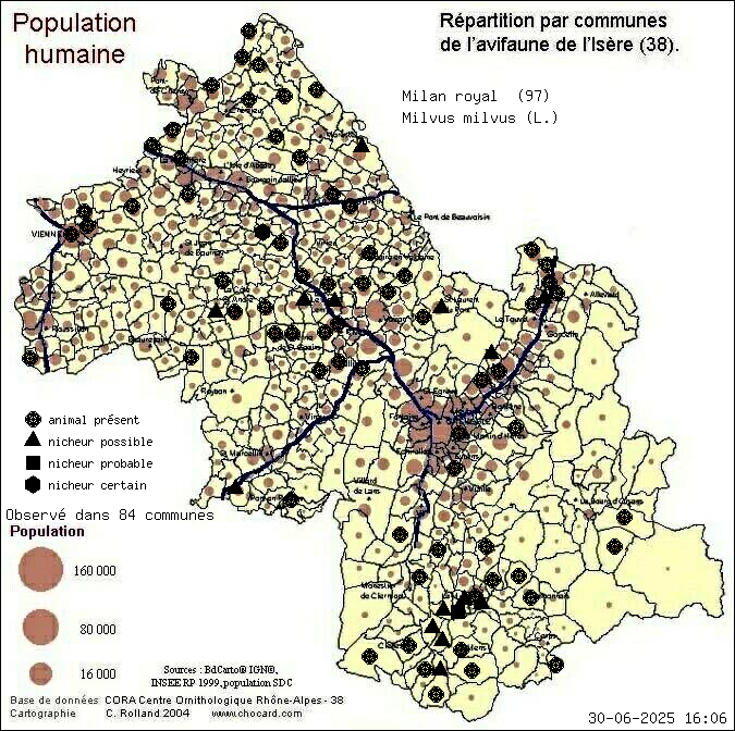 Milan royal (Milvus milvus (L.)): carte de rpartition en Isre