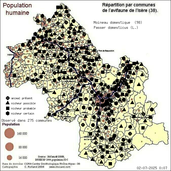 Moineau domestique (Passer domesticus (L.)): carte de rpartition en Isre