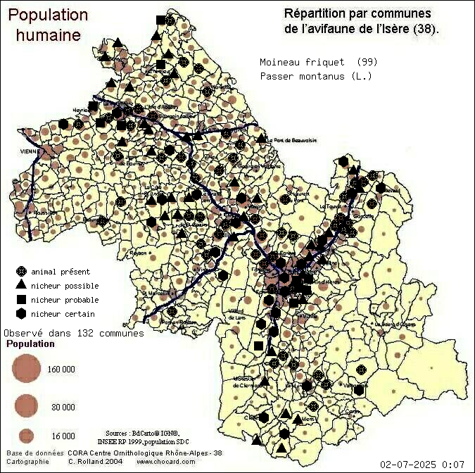 Moineau friquet (Passer montanus (L.)): carte de rpartition en Isre