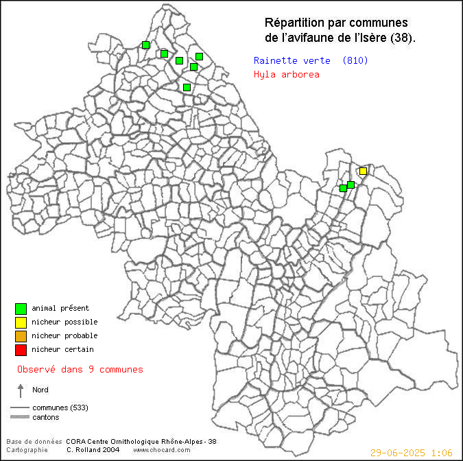 Carte de rpartition par communes en Isre d'une espce d'animal: Rainette verte (Hyla arborea) selon Communes et cantons