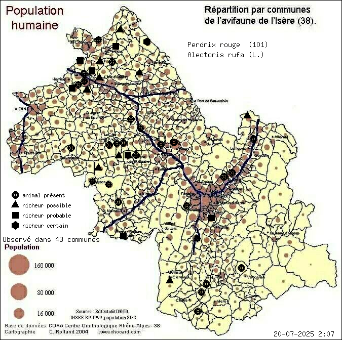 Carte de rpartition par communes en Isre d'une espce d'animal: Perdrix rouge (Alectoris rufa (L.)) selon Population humaine