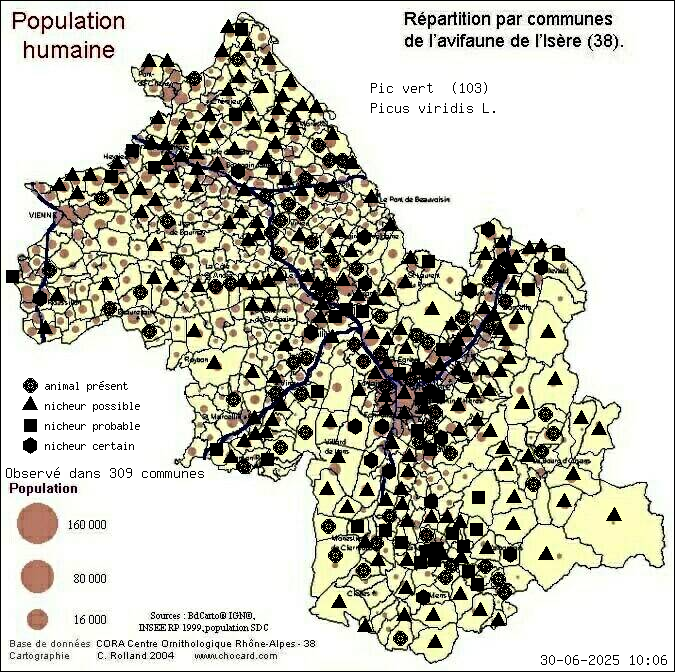 Carte de rpartition par communes en Isre d'une espce d'animal: Pic vert (Picus viridis L.) selon Population humaine