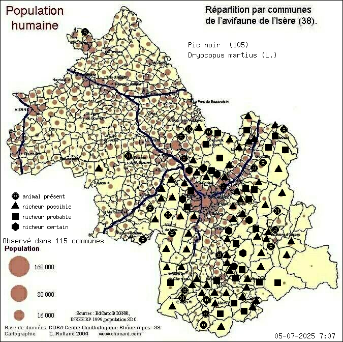 Carte de rpartition par communes en Isre d'une espce d'animal: Pic noir (Dryocopus martius (L.)) selon Population humaine