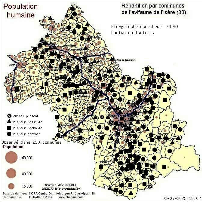 Pie-griche corcheur (Lanius collurio L.): carte de rpartition en Isre