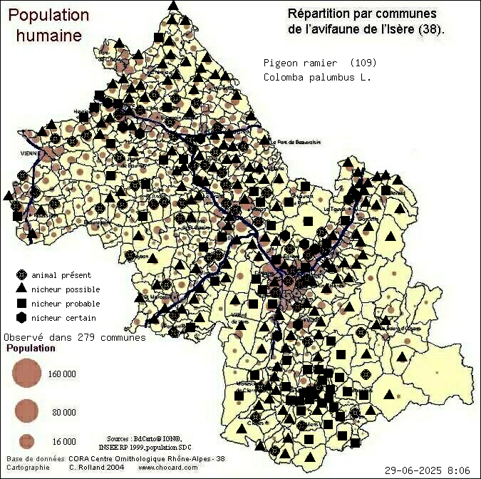 Carte de rpartition par communes en Isre d'une espce d'animal: Pigeon ramier (Colomba palumbus L.) selon Population humaine