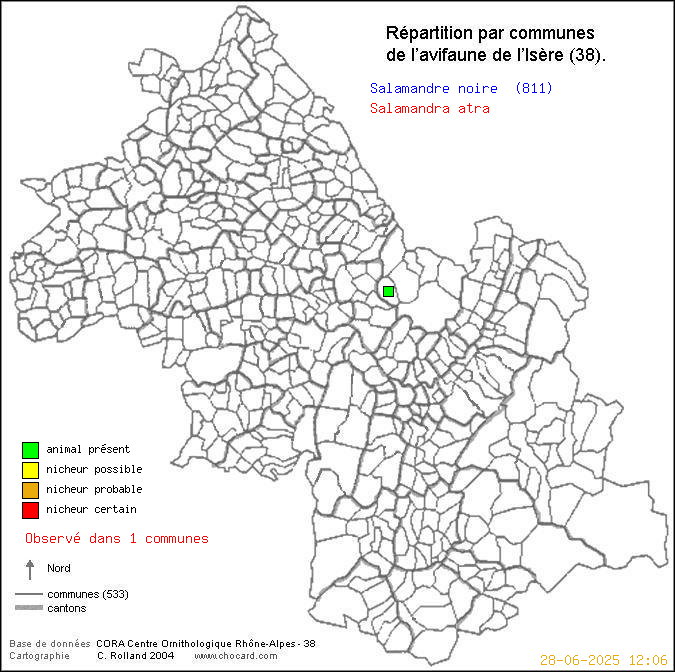 Carte de rpartition par communes en Isre d'une espce d'animal: Salamandre noire (Salamandra atra) selon Communes et cantons