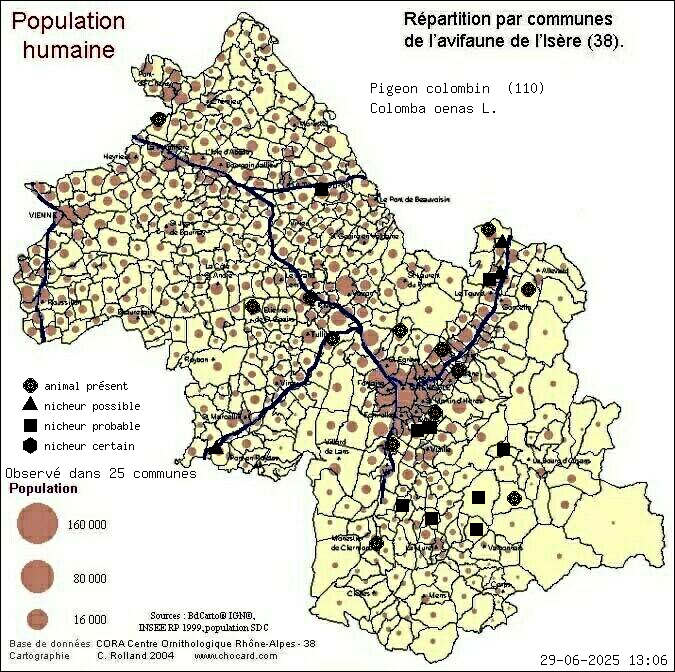 Pigeon colombin (Colomba oenas L.): carte de rpartition en Isre