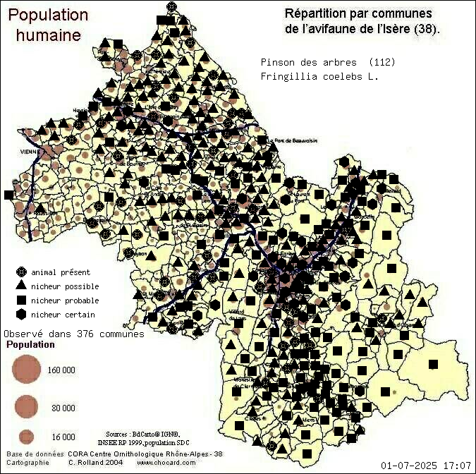 Pinson des arbres (Fringillia coelebs L.): carte de rpartition en Isre