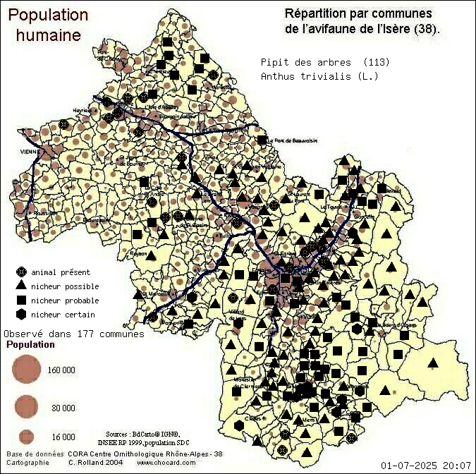 Pipit des arbres (Anthus trivialis (L.)): carte de rpartition en Isre