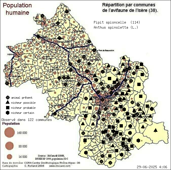 Pipit spioncelle (Anthus spinoletta (L.)): carte de rpartition en Isre