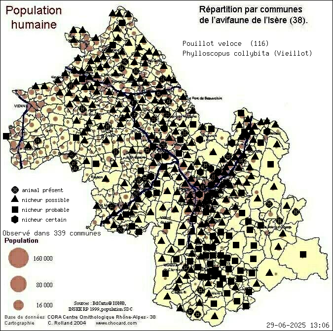 Pouillot vloce (Phylloscopus collybita (Vieillot)): carte de rpartition en Isre