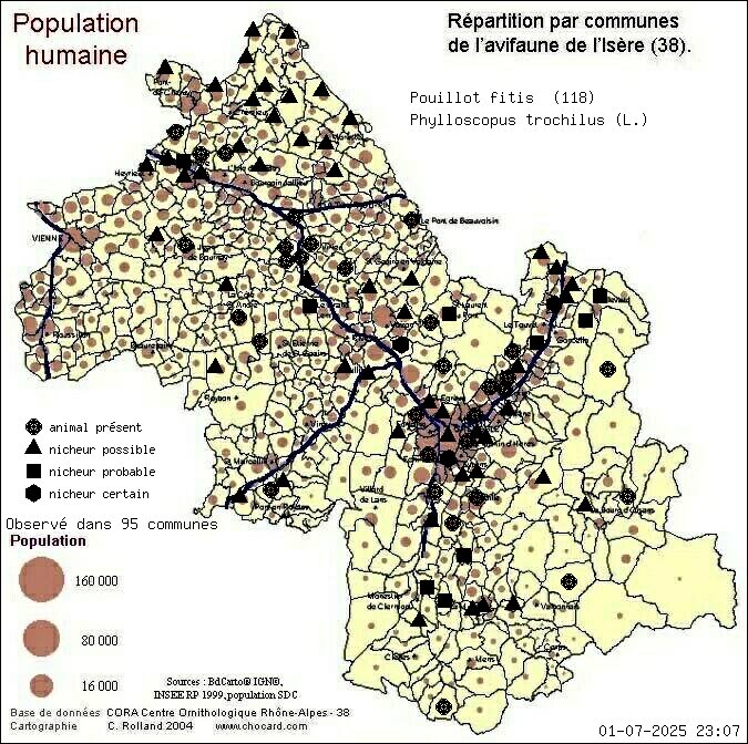 Pouillot fitis (Phylloscopus trochilus (L.)): carte de rpartition en Isre