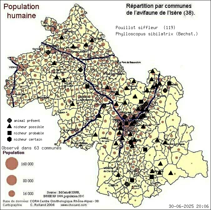 Pouillot siffleur (Phylloscopus sibilatrix (Bechst.)): carte de rpartition en Isre