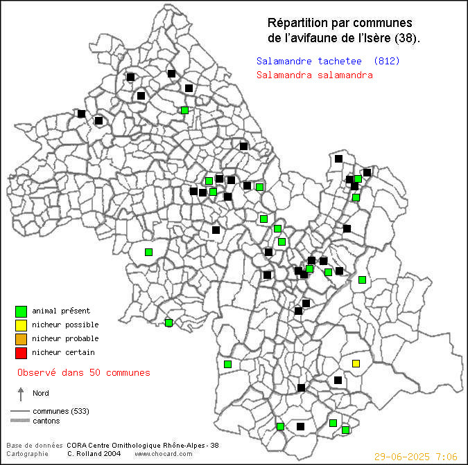 Carte de rpartition par communes en Isre d'une espce d'animal: Salamandre tachete (Salamandra salamandra) selon Communes et cantons
