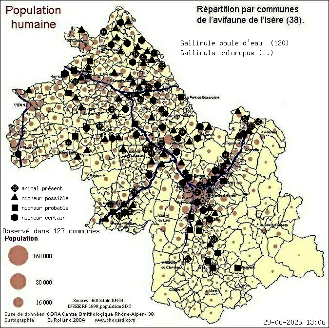 Carte de rpartition par communes en Isre d'une espce d'animal: Gallinule poule d eau (Gallinula chloropus (L.)) selon Population humaine