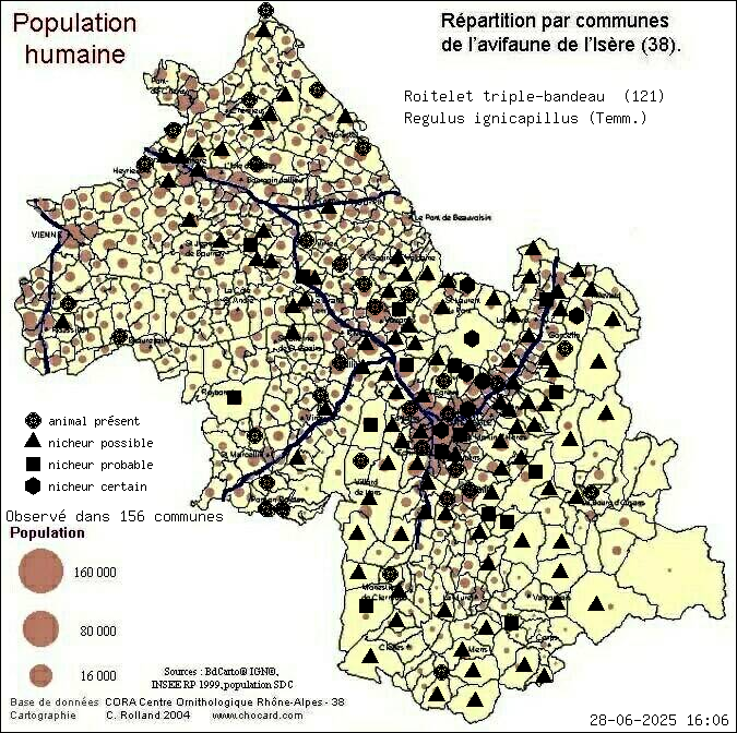 Roitelet triple-bandeau (Regulus ignicapillus (Temm.)): carte de rpartition en Isre