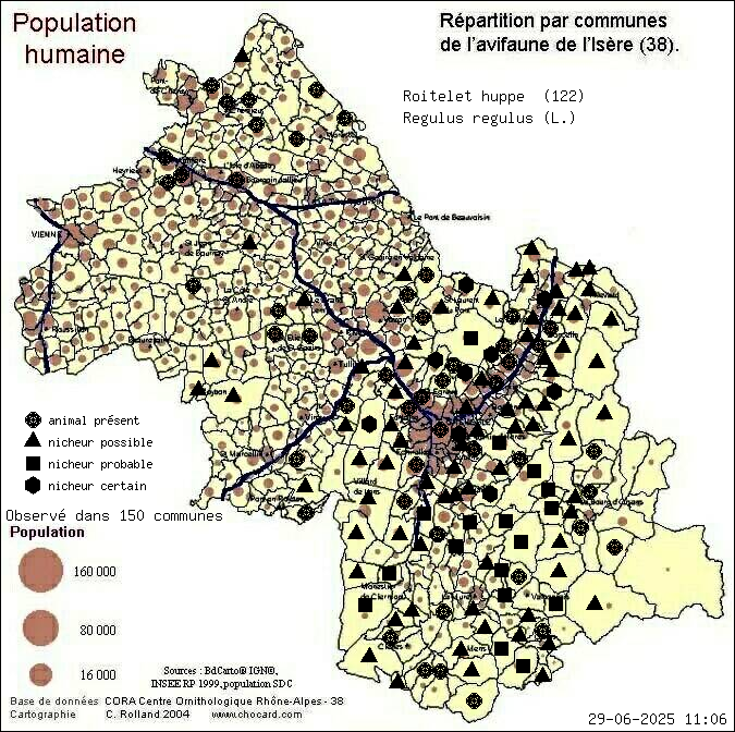 Roitelet hupp (Regulus regulus (L.)): carte de rpartition en Isre