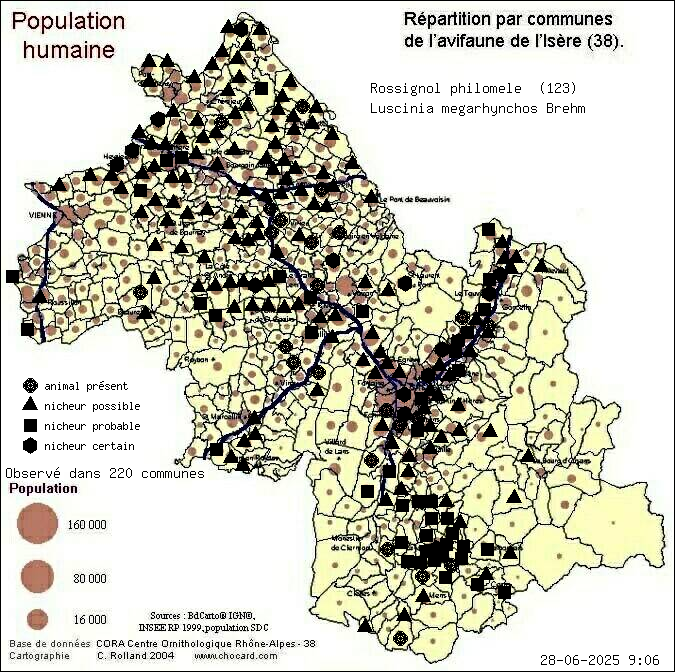 Rossignol philomle (Luscinia megarhynchos Brehm): carte de rpartition en Isre