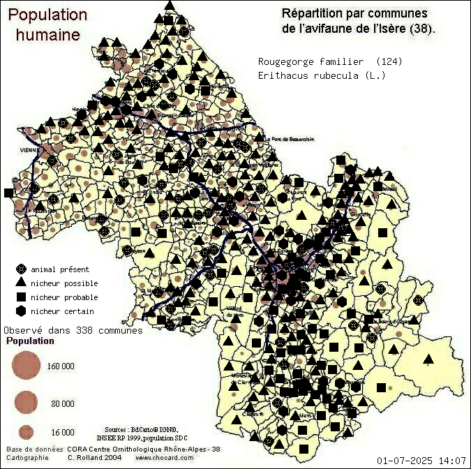Rougegorge familier (Erithacus rubecula (L.)): carte de rpartition en Isre