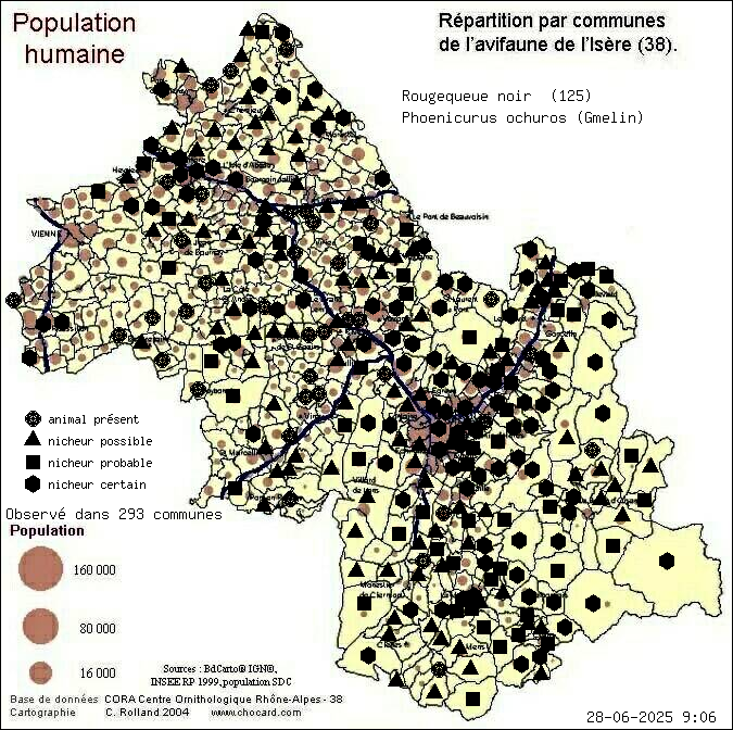 Rougequeue noir (Phoenicurus ochuros (Gmelin)): carte de rpartition en Isre