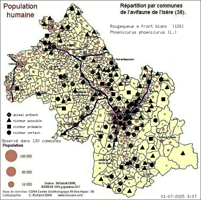 Rougequeue  front blanc (Phoenicurus phoenicurus (L.)): carte de rpartition en Isre