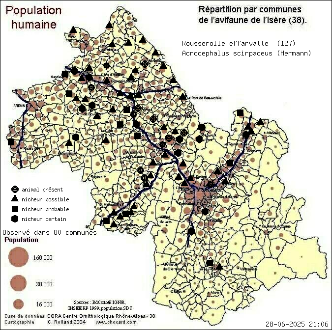 Rousserolle effarvatte (Acrocephalus scirpaceus (Hermann)): carte de rpartition en Isre