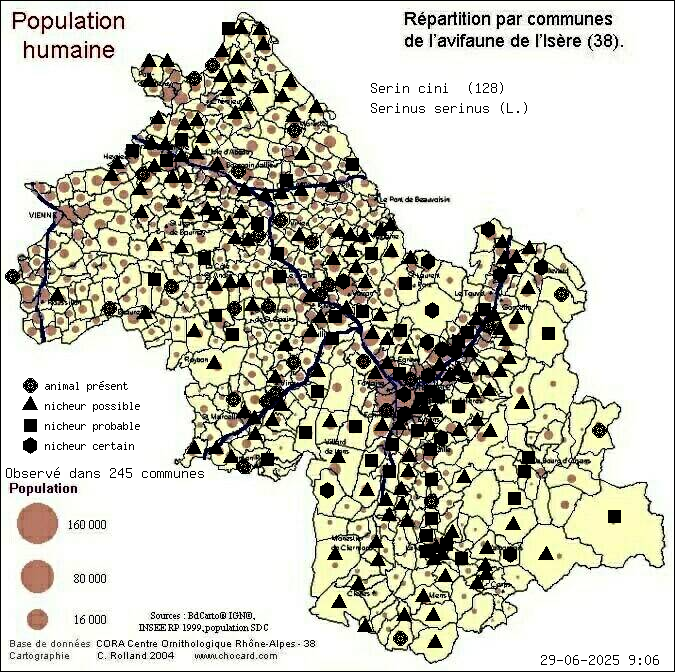 Serin cini (Serinus serinus (L.)): carte de rpartition en Isre
