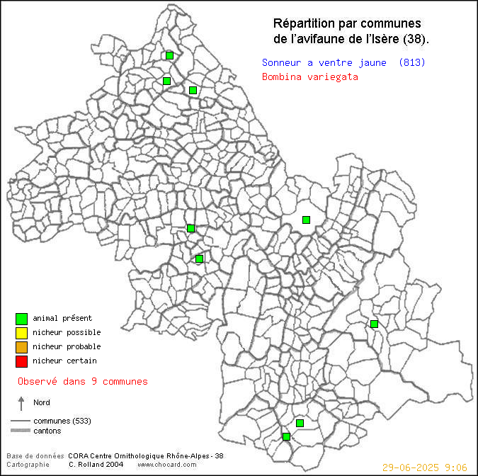 Carte de rpartition par communes en Isre d'une espce d'animal: Sonneur  ventre jaune (Bombina variegata) selon Communes et cantons