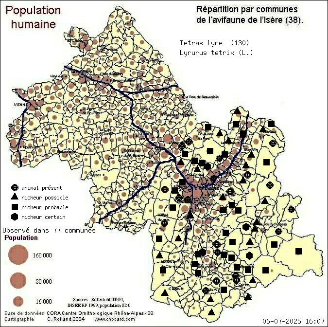 Ttras lyre (Lyrurus tetrix (L.)): carte de rpartition en Isre